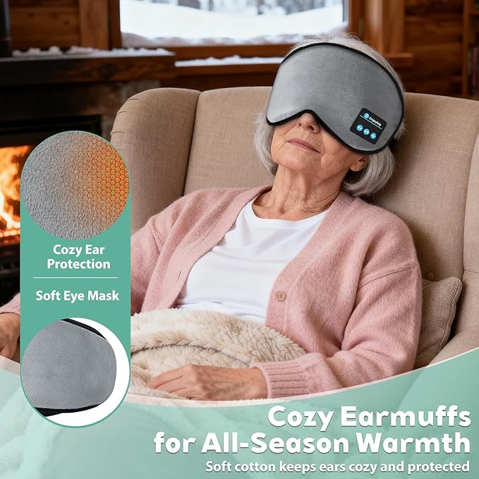 Sleep Mask Bluetooth Wireless Headphones, Sleep Earphones Music Eyemask, 2 in 1 Ear Mask and Eye Mask for Side Sleepers, Warm Earbuds Built-in HD Speakers Blindfold for Men Women (Grey)