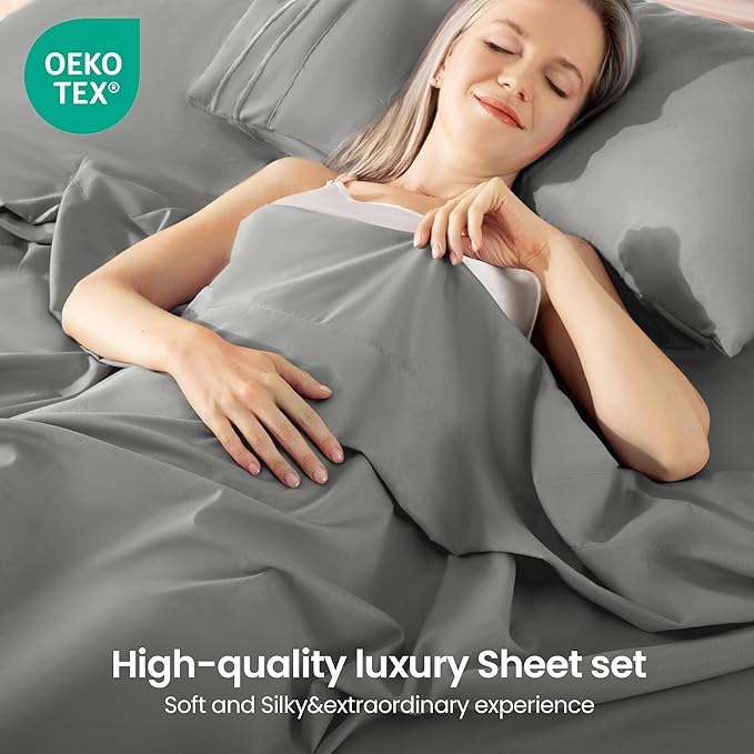 ROSE&RISY Light Grey Queen Sheet Set, 4 Pieces Soft Bedding Queen Sheet Set, Breathable and Cooling,Includes 1 Fitted, 1 Flat, 2 Pillow Cases - Deep Pocket (Light Grey, Queen)