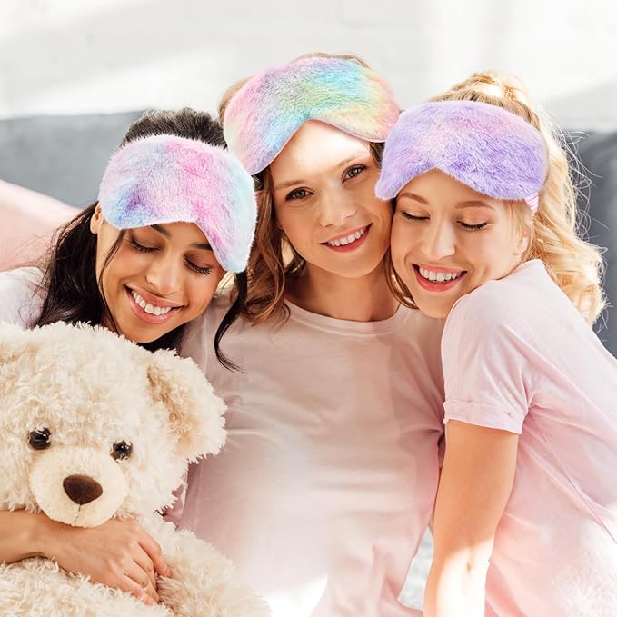 Cuffbow 6 Pack Plush Sleep Mask Set, Cute Plush Eye Masks for Sleeping, Soft Comfortable Travel Nap Blindfold, Sleepover Party Favors for Women(Tie Dye,Rainbow)