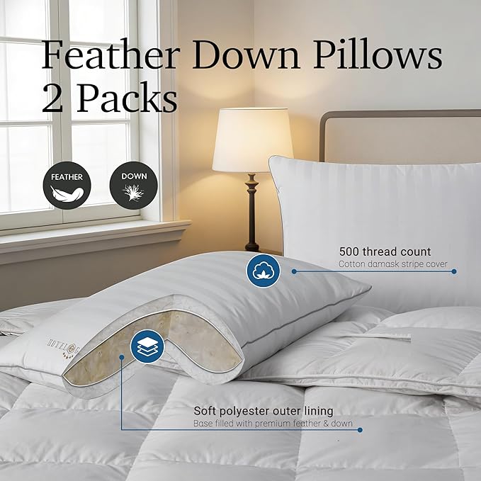 Hotel Grand Bed Pillows King Size Set of 2 Packs - 500 Thread Count 100% Cotton Medium Firm Hypoallergenic Feather Down Pillows Machine Washable Pillow for Back, Stomach or Side Sleepers, 20"x36"