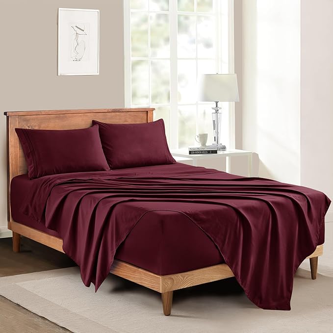 Manyshofu Extra Deep Pocket King Size Sheets - Hotel Luxury 1800 Thread Count Sheets & Pillowcases - Microfiber Bedding Set up to 24" Mattress - Burgundy Bed Sheets 18-24 Inch Deep Pockets - 4 Piece