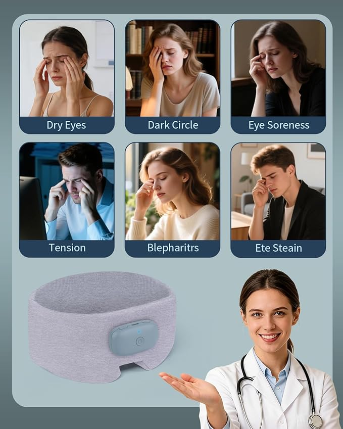 Heated Eye Masks for Dry Eyes with Bluetooth 6.0 Headphones - 3 Heat Levels, Memory Function, Soft Fabric Sleep Mask for Eye Strain & Migraine Relief - Unisex Light Gray
