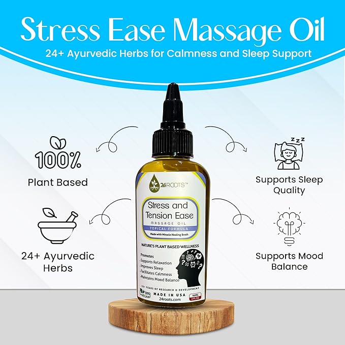 Plant Based Stress and Tension Ease Massage Oil - Supports Relaxation, Helps with Sleep, Aids in Calmness, and Helps Mood Balance - 24+ AYURVEDIC Herbs - 100% Vegan (2 Fl Oz/60 ML)