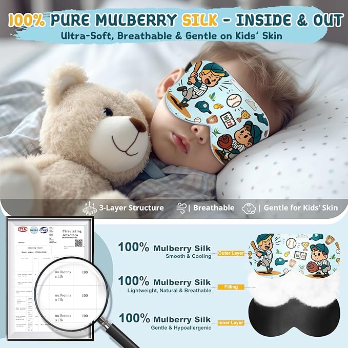 Kids Sleep Mask – 100% Mulberry Silk Eye Mask with Adjustable Strap, Soft Light Blocking Sleeping Mask for Children, Cute Printed Eye Cover for Boys Girls Ages 5-15 (Baseball Style)