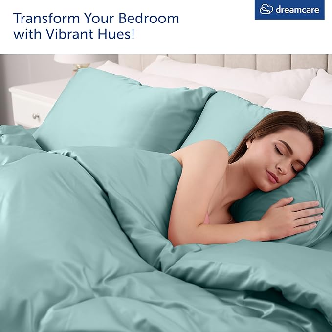 DREAMCARE Queen Sheet Set - 6 pcs Breathable Cooling Bed Sheets - up to 21" Extra Deep Pocket Queen Sheets Set with Side Pockets - Extra Soft 100% Brushed Hypoallergenic Hotel Luxury Bedding -Spa Blue