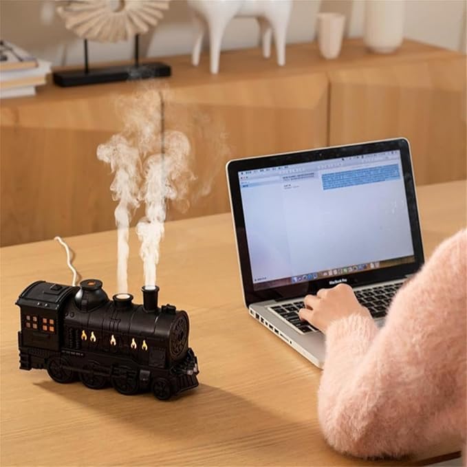 300ml Vintage Steam Train Aromatherapy Essential Oil Diffuser with Dual-Color LED Light, Train Oil Diffuser, 2 Mist Modes, Auto Shut-Off, Ultra-Quiet Humidifier for Home, Office (Gold,Colorful)