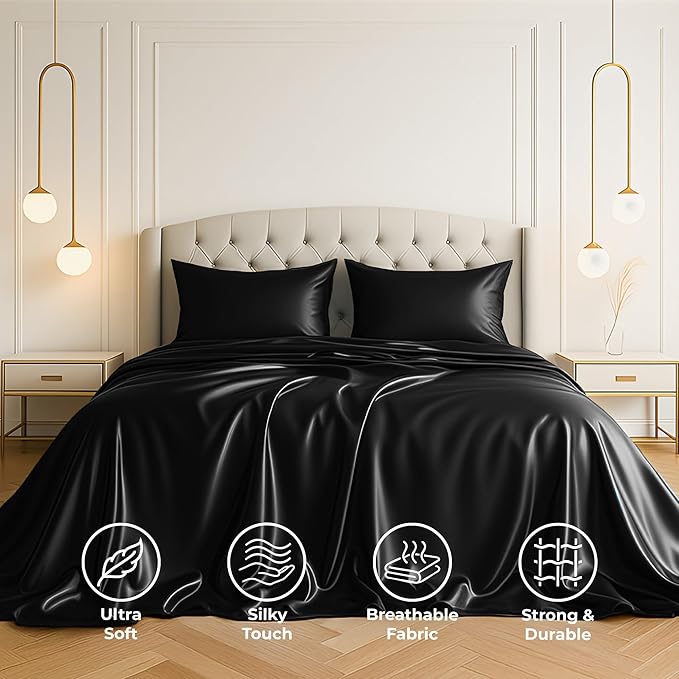 Satin Sheets California King [4-Piece, Black] Luxury Silky Bed Sheets - Extra Soft 1800 Microfiber Sheet Set, Wrinkle, Fade, Stain Resistant - Deep Pocket Fitted Sheet, Flat Sheet, Pillow Cases