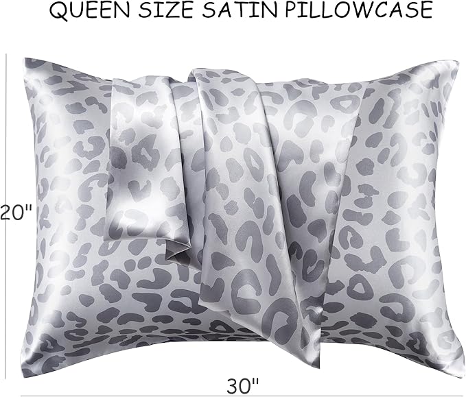 Satin Pillowcase for Hair and Skin, Similar to Silk Pillow Cases Queen Size Pack of 2 Satin Pillow Cases with Envelope Closure, Gift for Girls Women(20"x30", Leopard, Silver)