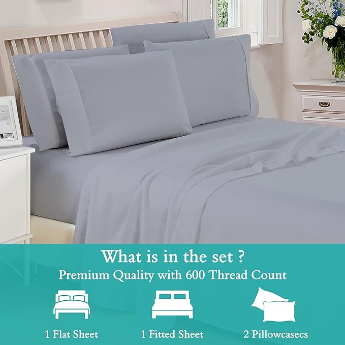 King Sheet Set - 4 Piece Set - 600TC Cotton - Extra Soft - Deep Pockets - Easy Fit - Breathable & Cooling - Comfy Sheet – Silver Bedsheet - King Mattress Sheet Set