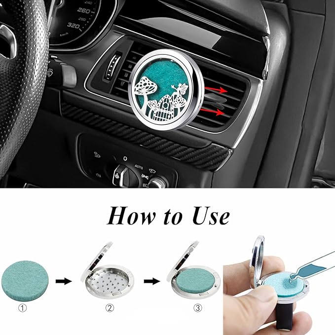 Mushroom Fun Eco Friendly Car Essential Oil Diffuser,30mm Vent Clip Aromatherapy Locket for Focus or Relaxation with 10 Pads