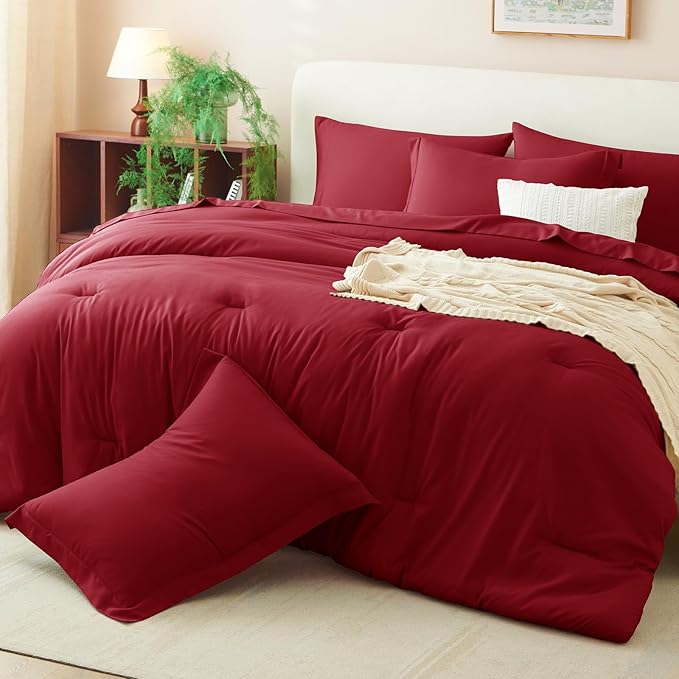 CozyLux Twin XL Comforter Set Dark Red, 5 Pieces Bed in a Bag Twin Extra Long Comforter Set with Sheets for College Dorm, Luxury Bedding Sets with Down Alternative Comforter, Sheets, Pillowcase & Sham