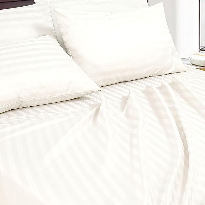 ROYALE LINENS 1500 Thread Count Poly Cotton Sateen Dobby Stripe Sheet Set - 6 Piece Queen Bed Sheets - 1 Fitted, 1 Flat, 4 Pillow Cases -Soft Cool & Crisp Sheet Set (Queen, Bright White)