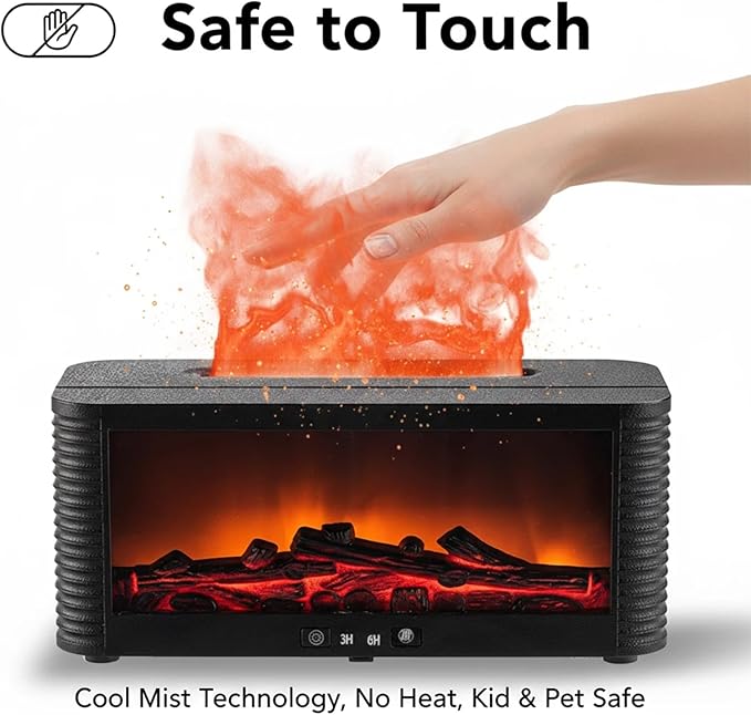 Fireplace Flame Aromatherapy Diffuser, 250ml Ultrasonic Cool Mist Humidifier with Remote Control, 7 Colors Firelight Essential Oil Diffuser for Home and Office (Black)