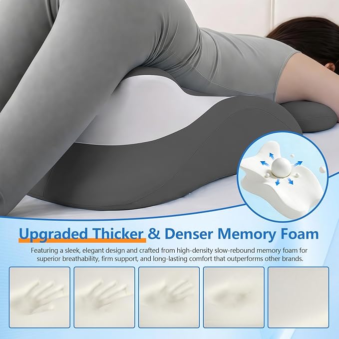 Memory Foam Wedge Pillow, Ergonomic Contoured Intimacy Couples Pillow, 27° Angled Neck Support Pillow Back Support Cushion, Multi-Functional Bed Position Pillow with Removable Cover Double Grey