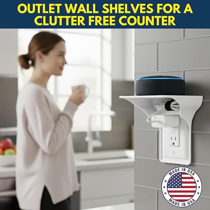 Power Perch Wall Outlet Shelf with Cord Storage Strap - Declutter & Reclaim Bathroom Counter Space - Alexa Stand, Apple Homepod Shelf, Toothbrush Holders Wall Mounted - White, 2-Pack