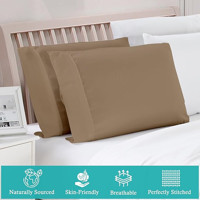 Set of 2 Pillow Cases 600 Thread Count 100% Egyptian Cotton Long Staple Pillowcase, Durable and Silky Soft Pillow Covers, Natural Luxurious Hotel Class Bedding (King, Taupe)