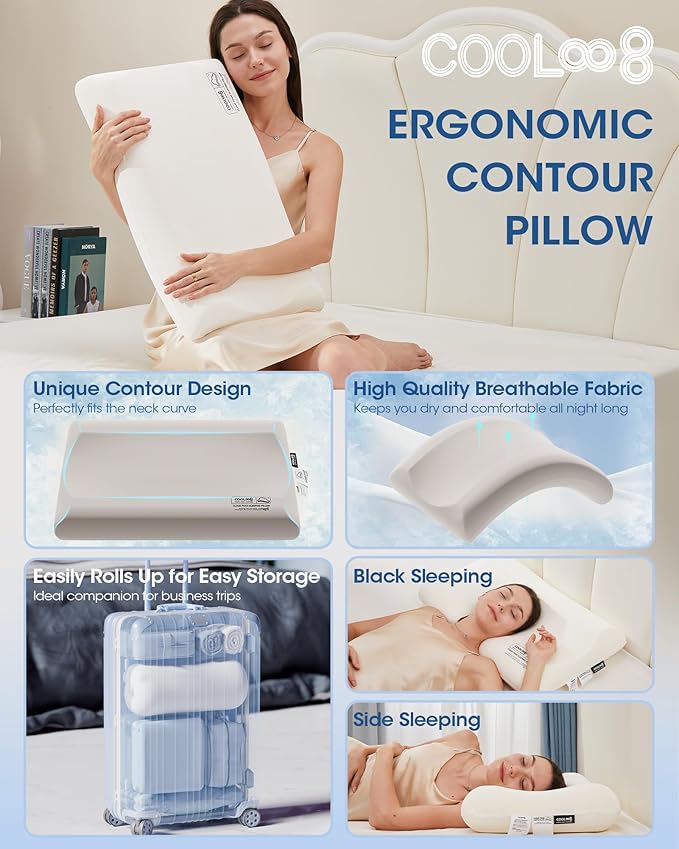 Memory Foam Pillows Queen Size, Contour Cooling Cervical Pillow for Neck Pain Relief, Orthopedic Ergonomic Bed Pillow for Side, Back and Stomach Sleepers, Soft Cloudy Sleeping Pillows (1 PCS)