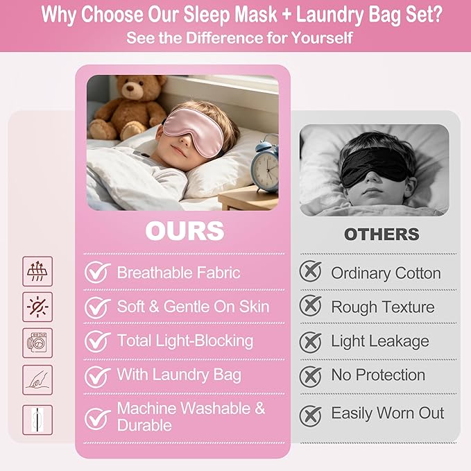 Kids Sleep Mask Eye Cover, Silk Sleeping Mask for Kids, Soft Blackout Blindfold Eye Mask with Adjustable Strap & Laundry Bag for Easy Washing, Gift for Girls Boys Ages 5-15 (Pink)