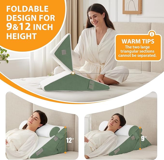 Ruqmuis 3PCS Wedge Pillow Set for After Surgery, Adjustable 9&12 Inch Bed Wedge Pillow for Sleeping, Incline Pillow Wedge for Headboard, Post Surgery, Acid Reflux, Neck&Back Support, Green