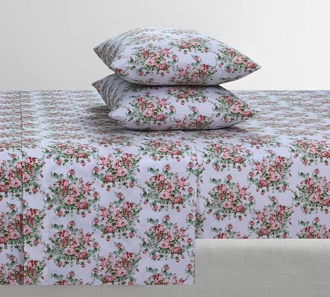 Feather & Stitch Softest 100% Cotton Sheets, 300 Thread Count Percale Weave Bedding, 16" Deep Pocket, Cooling Sheets, Breathable Bed Set, Hotel Premium Quality (Full, Floral)