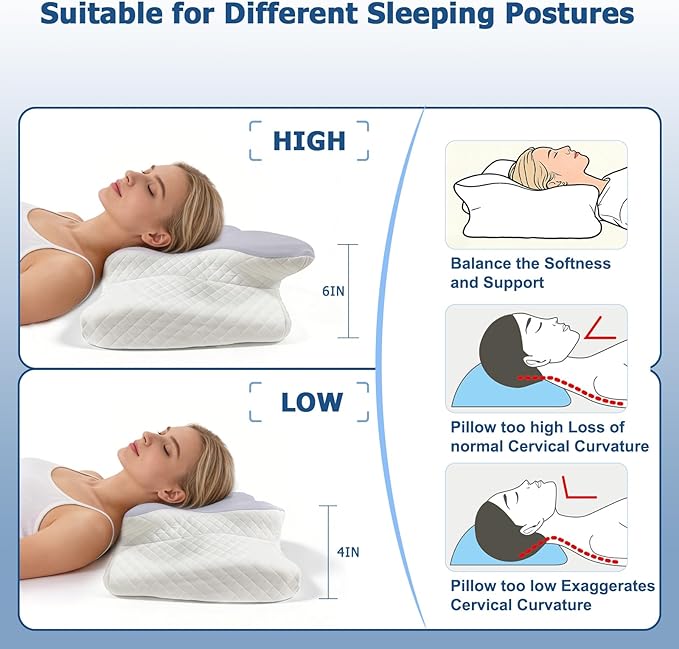 Memory Foam Neck Pillow - Adjustable Orthopedic Contour Pillow for Neck & Shoulder Support, Odorless, Side Back Stomach Sleeper Friendly, Enhanced Spinal Alignment - Black
