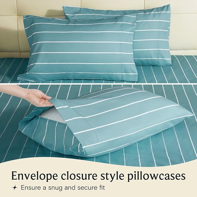 LuxClub 4 PC Queen Size Sheet Set Bed Sheets, Breathable Luxury, Deep Pockets 18" Wrinkle Free Cooling Machine Washable Hotel Bedding (Striped Light Blue)