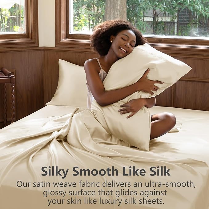 CozyLux Satin Sheets King Size Sheet Set - 4 Piece Silky King Sheets, Luxury Champagne King Bed Set with Smooth and Soft Microfiber, Includes 1 Fitted Sheet, 1 Flat Sheet and 2 Pillowcases