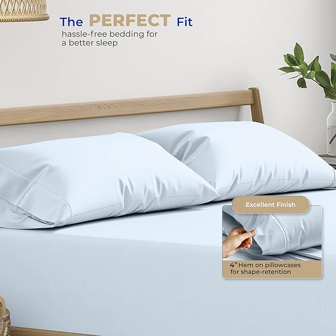 Thread Spread 100% Cotton Pillow Cases Queen Size Set of 4 - Luxury 400 Series Glee Collection Queen Pillow Cases (Pack of 2, Light Blue), Soft Cooling Hotel Cotton Pillowcases, Fits Standard Pillows