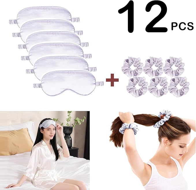 12Pcs Silk Sleep Masks Satin Eye Mask Silky Eyes Cover Blindfold Eyeshade Hair Ties Scrunchy Travel Bridesmaids Gifts