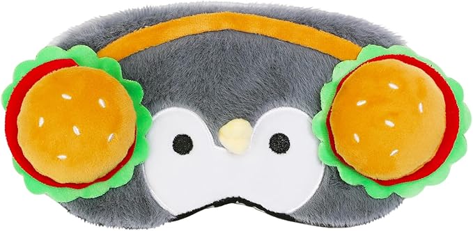PERFECTSIGHT Sleep Eye Masks, Cute Penguin Plush Sleep Eye Cover Lightweight Adjustable Eyeshade Faux Fur Mask Cover for Women Men Sleep Travel Nap, Burger Headphone