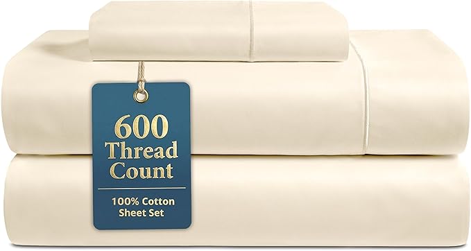 LANE LINEN Twin Cotton Sheets Set - 600 Thread Count Premium Sateen Weave for Gentle Feel On Skin - Hotel Quality Luxury for Single Beds - Securely Fits Mattresses Upto 15'' Deep - Ivory