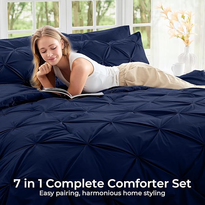 Sasttie Full Size Comforter Set, 7-Piece Bed in a Bag, Pintuck Bedding Sets for All Season, Includes Comforter, Flat Sheet, Fitted Sheet, Pillowcases and Pillowshams, Navy