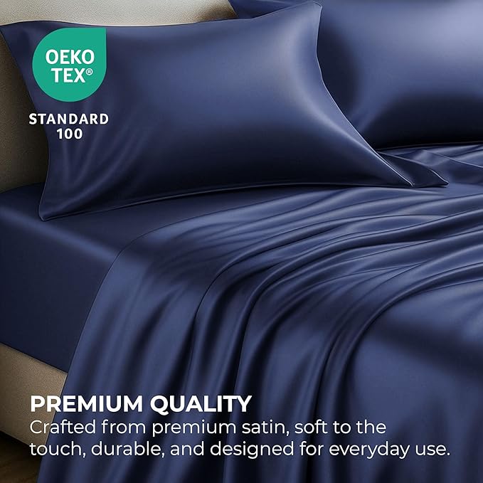 Pure Bedding Satin Sheets Full Hotel Luxury Silky Bed Sheets - Extra Soft 1800 Microfiber Sheet Set, Wrinkle, Stain Resistant - Deep Pocket Fitted Flat Sheet, Pillow Cases (4-Piece, Midnight Blue)