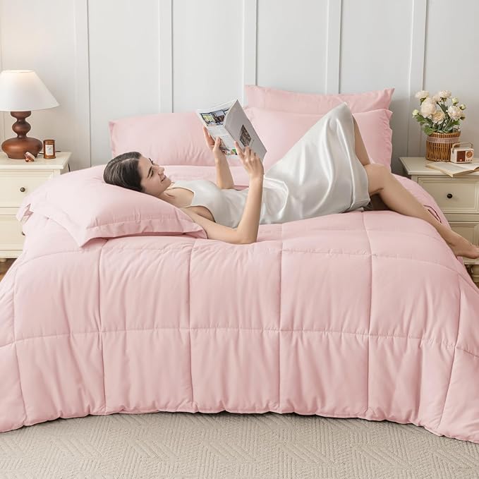 JOLLYVOGUE Queen Comforter Set, Ultra-Soft Bed in a Bag Queen Size 7 Pieces, Oeko-TEX Certified Bedding Set with Down Alternative Comforter, Sheets, Pillowcases & Shams, Blush Pink