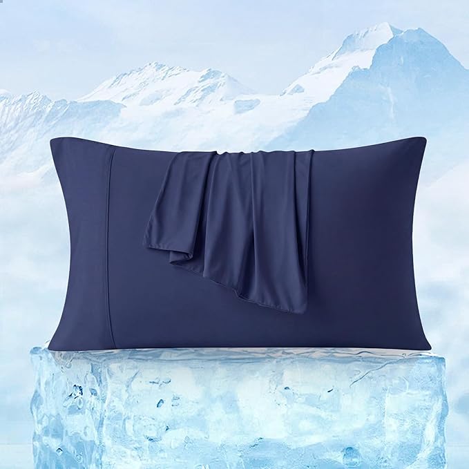 Cozy Bliss Cooling Pillow Cases for Hot Sleepers, Q-Max>0.45, Queen Size Set of 2, Soft & Silky Pillow Covers with Envelope Closure,Gift, Dark Blue, 20x30 Inches