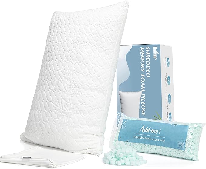 Rainmr Queen Size Bed Pillow for Sleeping Shredded Memory Foam Adjustable Loft Pillows with Cooling Washable Pillow Case, 20x30 inches (White, Queen 1-Pack)
