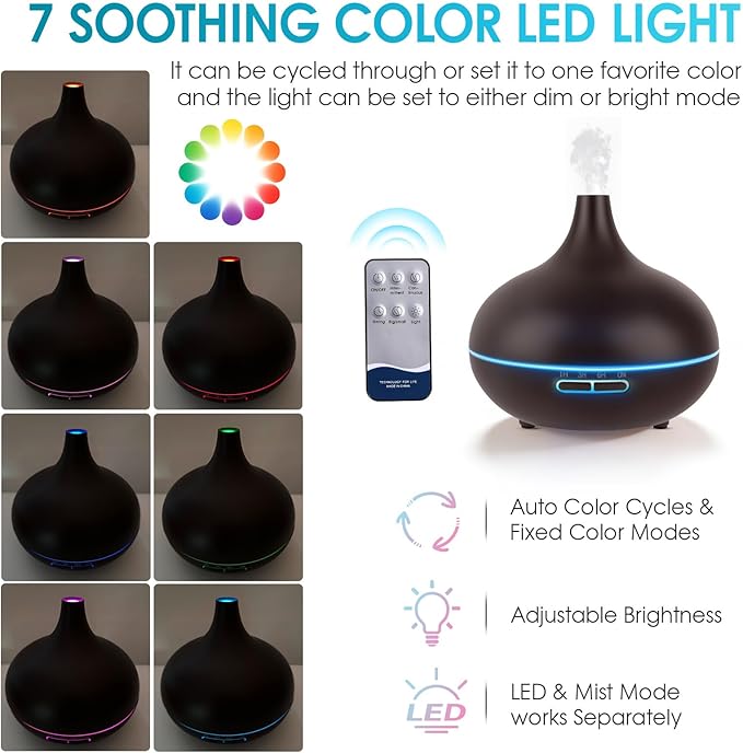 Rechargeable Diffuser for Essential Oils Large Room, 450ml Battery Operated Diffuser with Remote Control, Aromatherapy Oil Diffuser with Timer, 7 Colors Light air humidifiers for Home&Office