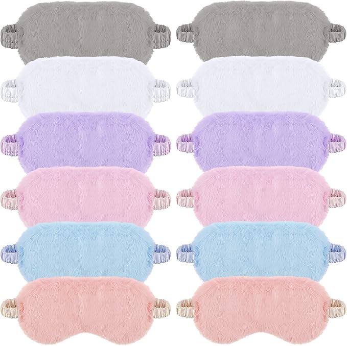 SATINIOR 12 Pieces Plush Eye Mask Soft Sleeping Blindfold Fluffy Eye Cover for Girls and Adult Party Favors