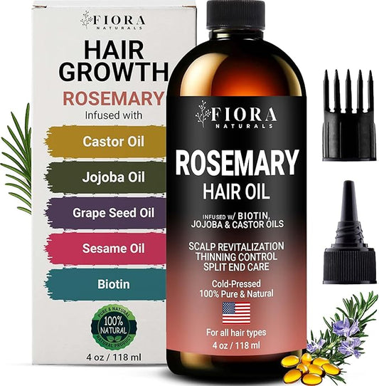 100% Pure Rosemary Oil for Hair Growth, Infused with Biotin, Jojoba & Castor Oils - Natural Hair Strengthening Serum, Scalp and Beard Oil, Aceite De Romero para El Cabello