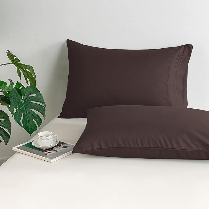 Mocassi 2-Piece Premium Standard/Queen Pillowcase Set 1800 Series Hotel Quality Microfiber - Soft and Breathable with 3-Line Embroidery Wrinkle and Stain Resistant, Easy Care, 20" x 30", Brown