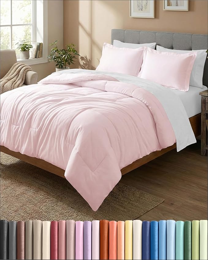 Full Comforter Set - 3 Piece Bed Set for All Seasons - 1 Soft Quilted Comforter w/ Corner Tabs & 2 Pillow Shams - Comfy & Breathable - Premium Down Duvet Insert - Oeko-TEX - Full Size, Lavender Pink
