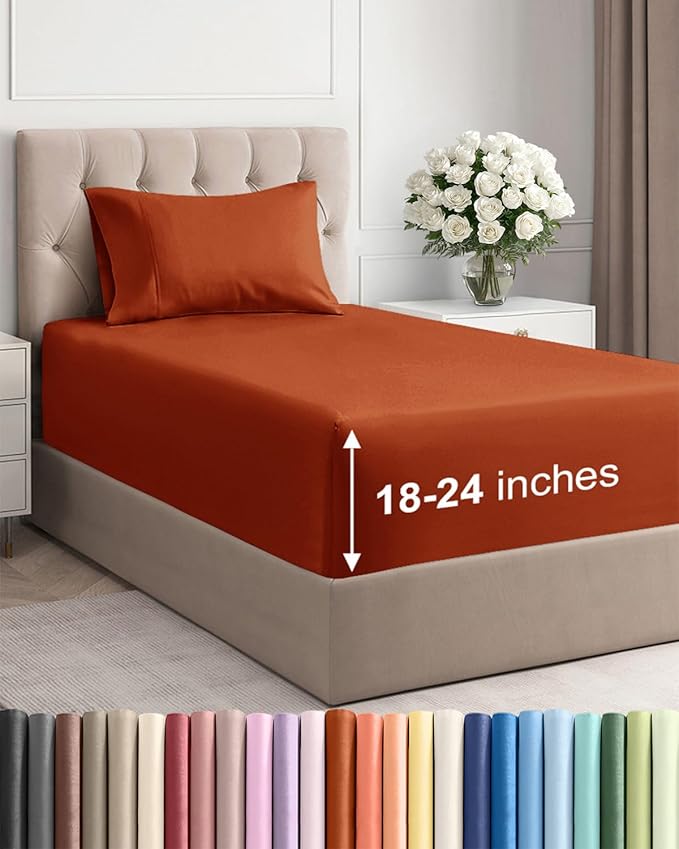 Extra Deep Twin Sheet Set - 3 Piece Breathable & Cooling Bed Sheets - Easily Fits 18 to 24 inch Mattress - Ultra Soft, Wrinkle & Fade Free with Extra Deep Pockets - Hotel Luxury Bedding - Terracotta