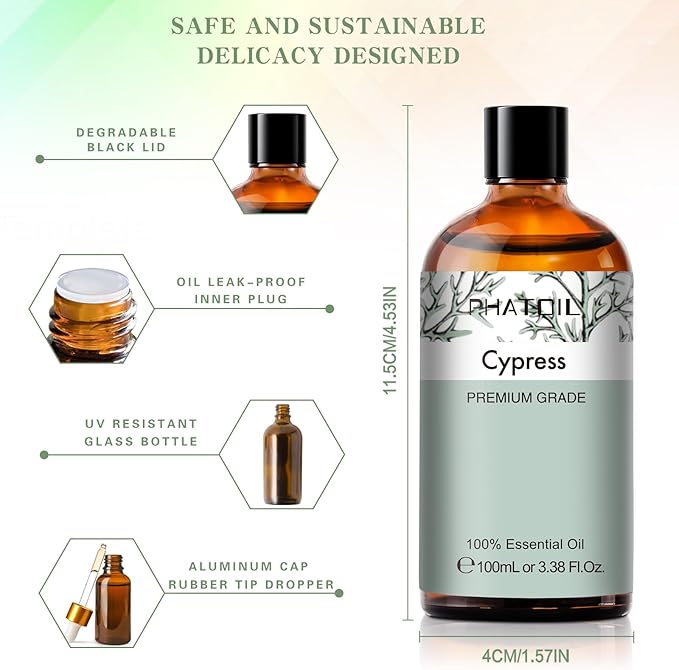 Cypress 3.38fl.oz Essential Oil, PHATOIL Aromatherapy Essential Oils for Diffuser, Humidifier, Perfect for DIY Soap, Candle, Bath Bombs Making(100ml)