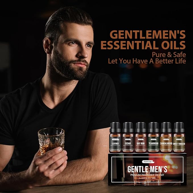 FUHITIM Fragrance Oil Gentlemen's Set, Scented Oil for Candle Scents for Candle Making, Soap Making Scents, Diffuser Oils Scents | Leather, Sweet Tobacco, Teakwood, Bay Rum, Cedar, Sandalwood (6*10ML)