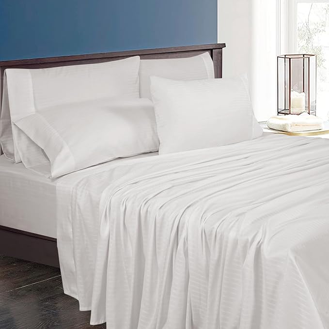 ROYALE LINENS 300 Thread Count Poly Cotton Sheet Set - 6 Piece California King Bed Sheets - 1 Fitted, 1 Flat, 4 Pillow Cases -Soft Cool & Crisp Sheet Set (Cal King, Bright White)
