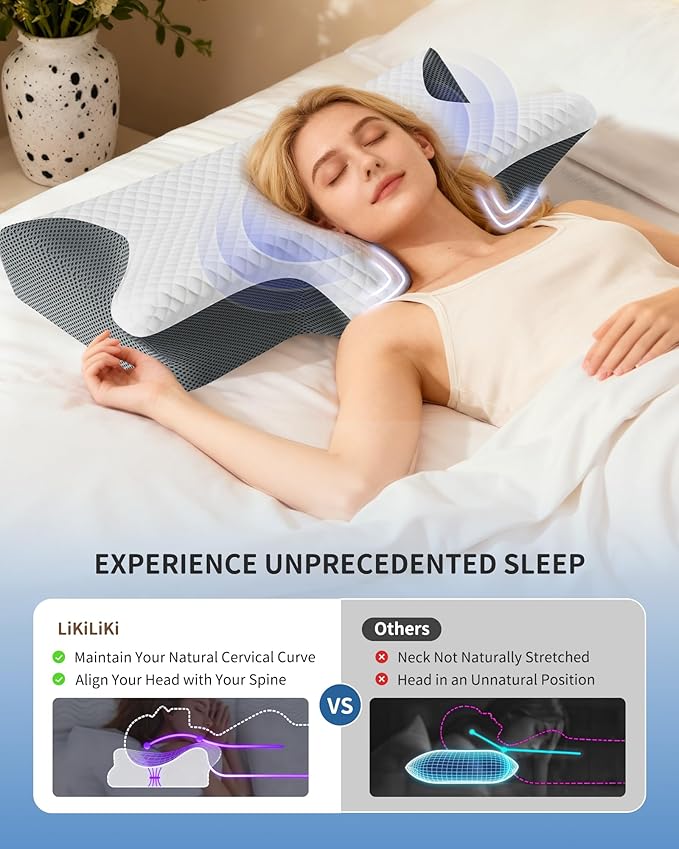 LiKiLiKi 2025 Upgrade Neck Pillow, Side Sleeper Pillow, Memory Foam Ergonomic Cervical Neck Pillows with Cooling Cover for Neck Pain Relief Side Back Stomach Sleeper (White Grey)