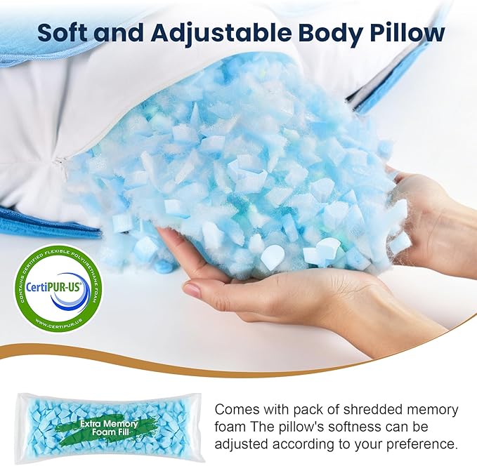 TranquilRelax C Shaped Body Pillow for Side Sleepers, Memory Foam Long Pillow for Leg, Hip & Back Support, Soft Washable Cover,Light Blue-47"*10"