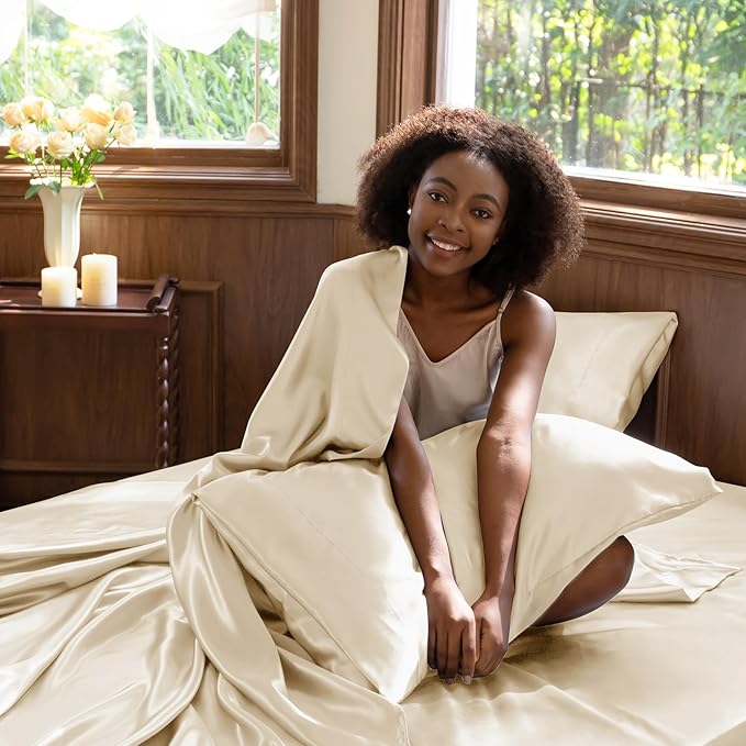 CozyLux Satin Sheets King Size Sheet Set - 4 Piece Silky King Sheets, Luxury Champagne King Bed Set with Smooth and Soft Microfiber, Includes 1 Fitted Sheet, 1 Flat Sheet and 2 Pillowcases