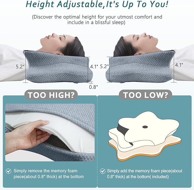 CHxxy Cervical Neck Pillow for Pain Relief Sleeping, Memory Foam Pillows, Ergonomic Side Sleeper Pillows, Cooling Orthopedic Neck Support Pillow for Back Stomach Sleepers-Queen Size Black&Grey