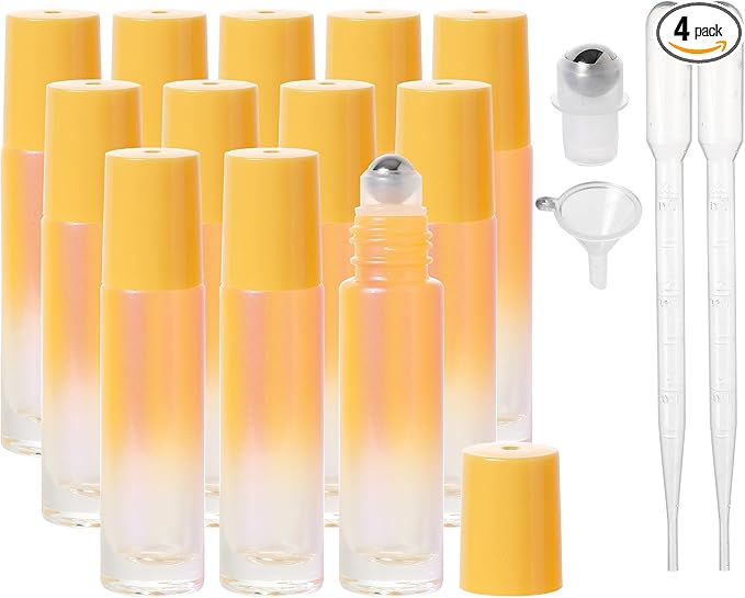 SESENSE Essential Oil Roller Bottles, 10ml Thick Glass Perfume Roller Bottles with Funnel Opener and Dropper Colored Glass Empty Bottles with Stainless Steel Roller Balls (Orange, 12 Pack)